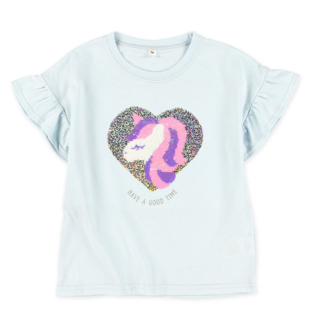 閃耀亮片獨角獸荷葉短袖上衣-水藍