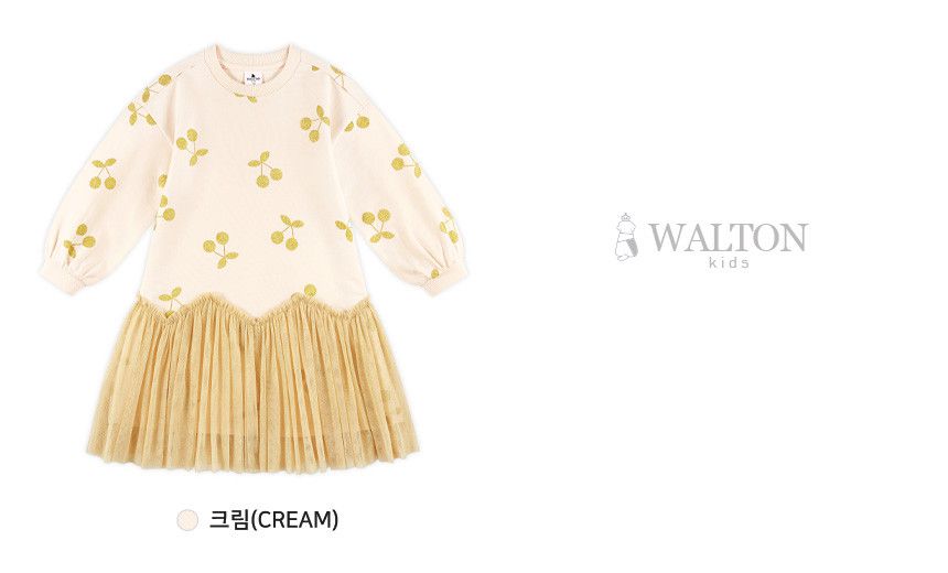 韓國 WALTON kids - 亮粉櫻桃印拼接網紗連身洋裝-奶油白