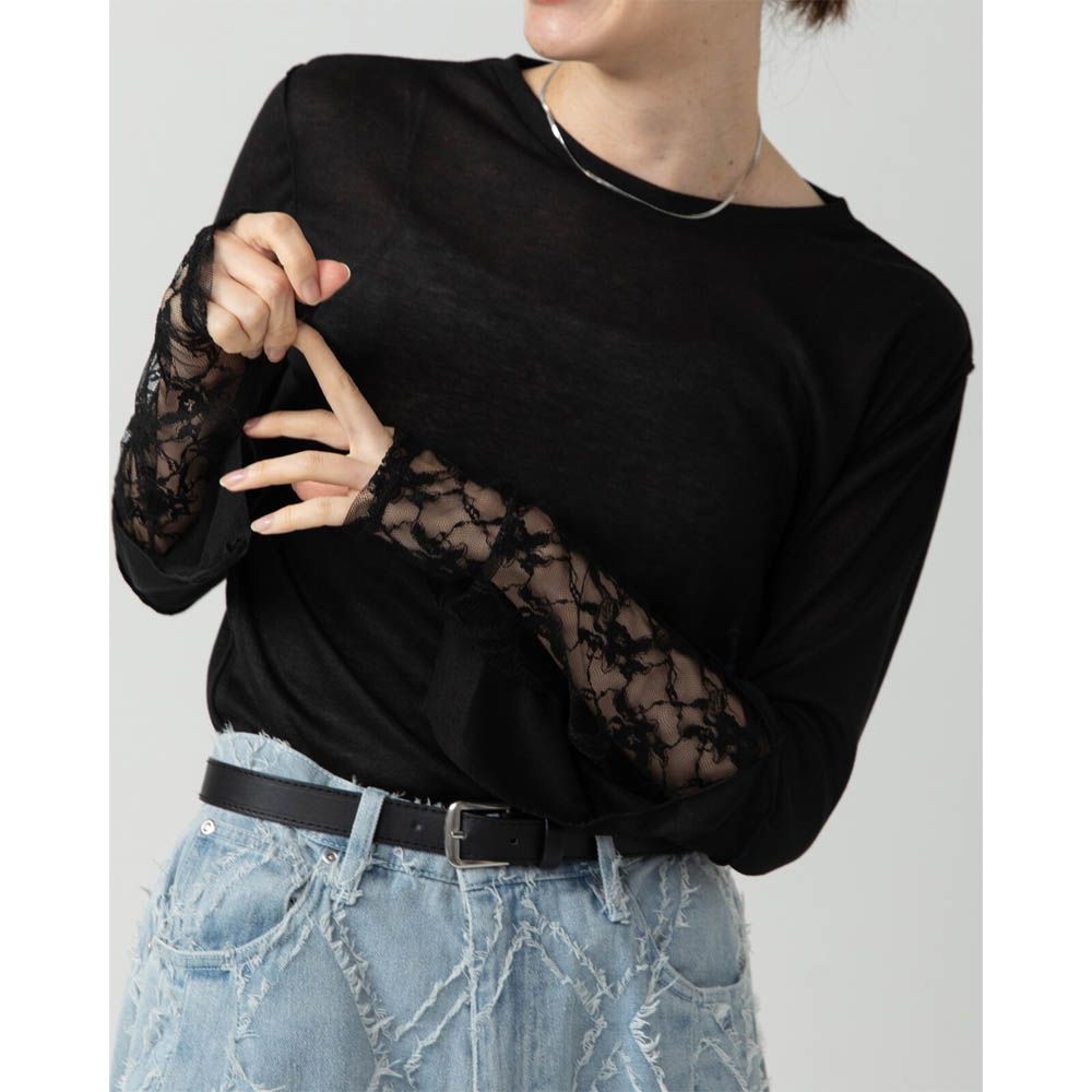 薄透合身蕾絲拼接長袖上衣-黑