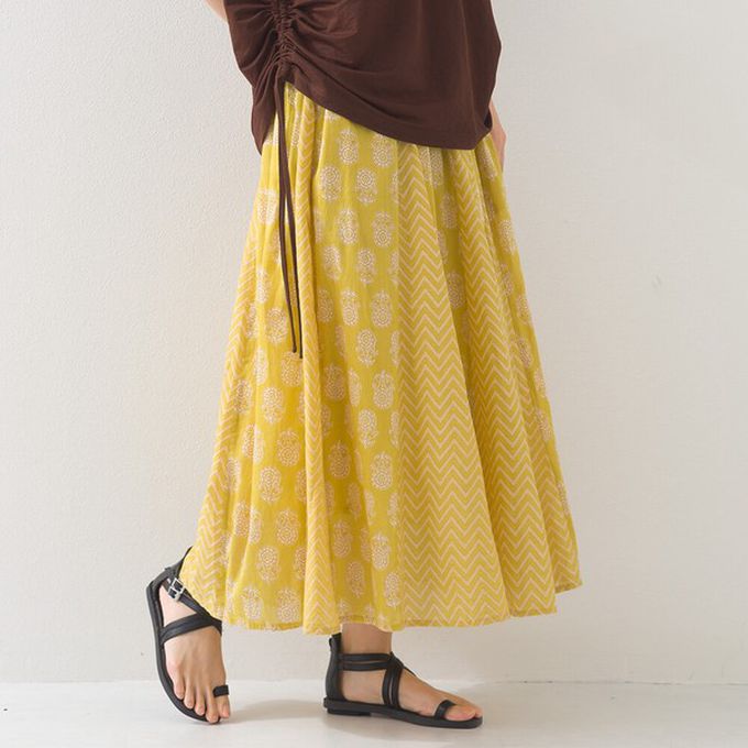 日本 OMNES - 100%印度棉 奢華印花飄逸感長裙-黃