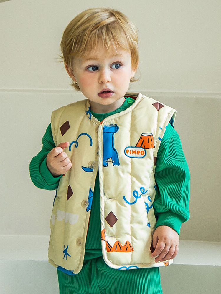 韓國Pimpollo - 手繪風自信恐龍保暖背心-灰