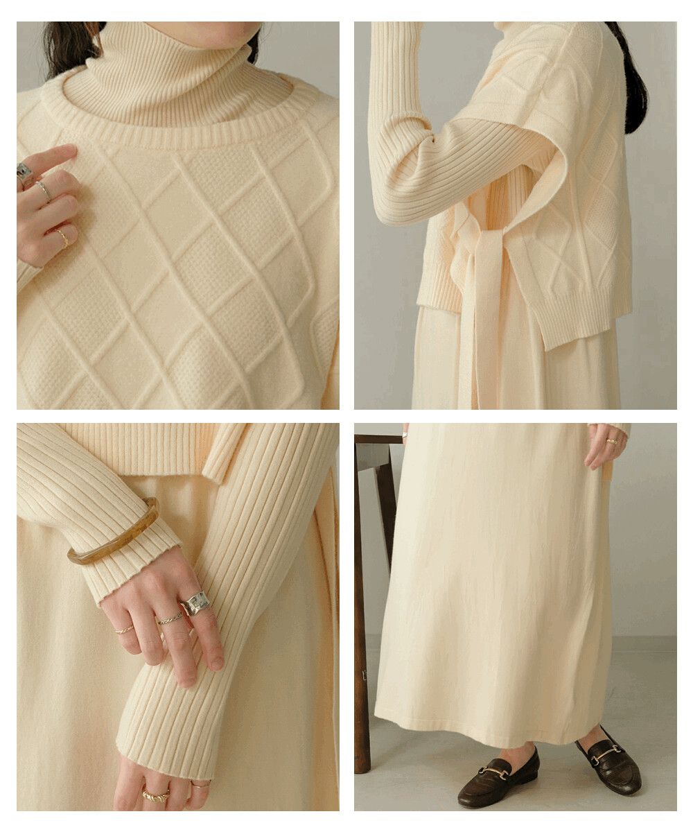 日本 Bou Jeloud - 同色系高領針織背心X長袖洋裝兩件組-米