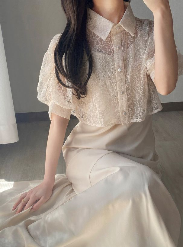 日本 GRL - 氣質花蕾絲兩件式洋裝-優雅杏