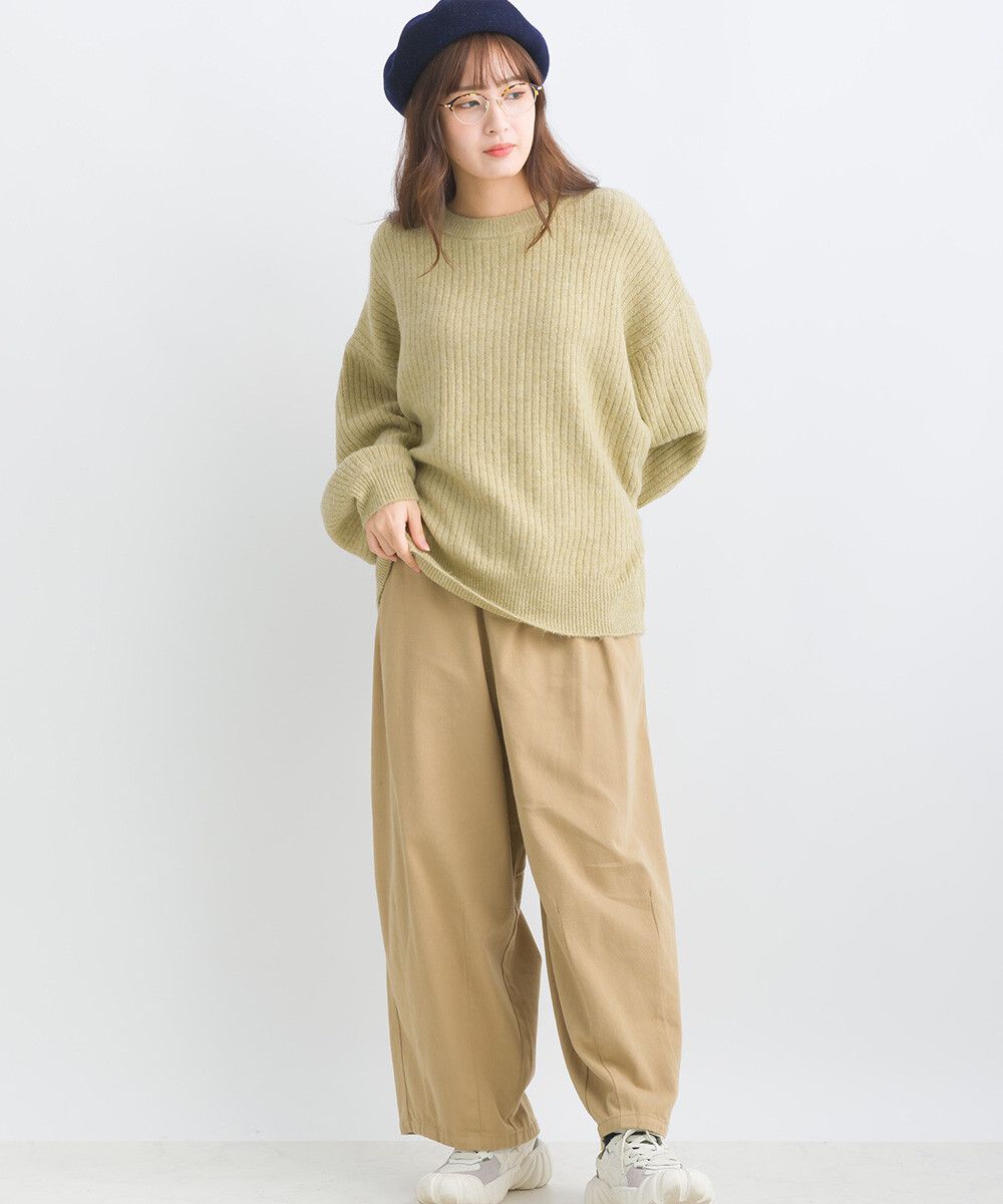 日本女裝代購 - 大寬袖圓領混色針織上衣-米黃