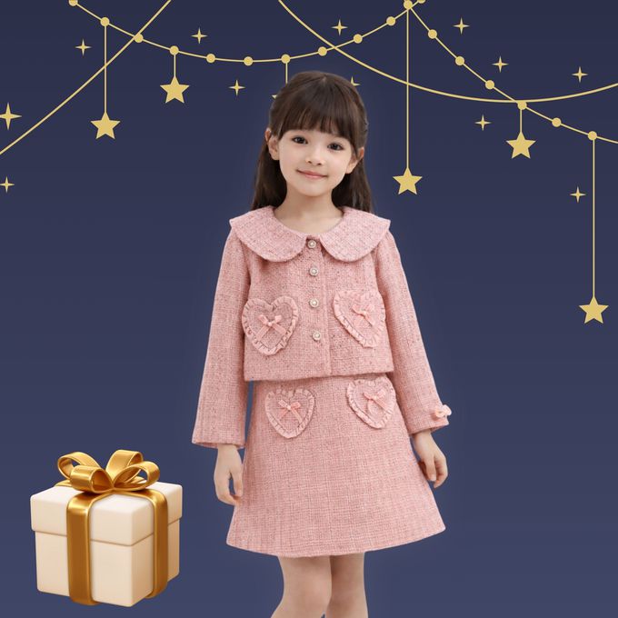 小香風愛心點綴粉色粗花呢外套&背心洋裝