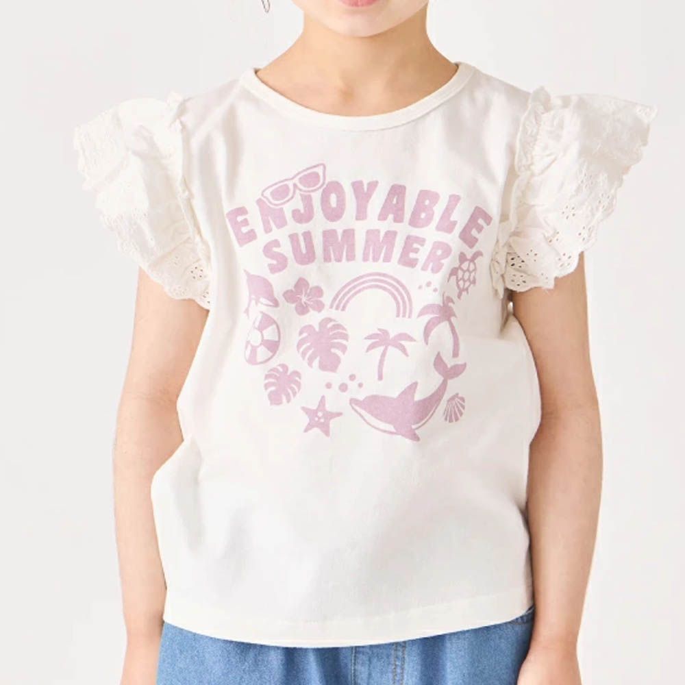 100%棉 蕾絲荷葉邊印花短袖上衣-白