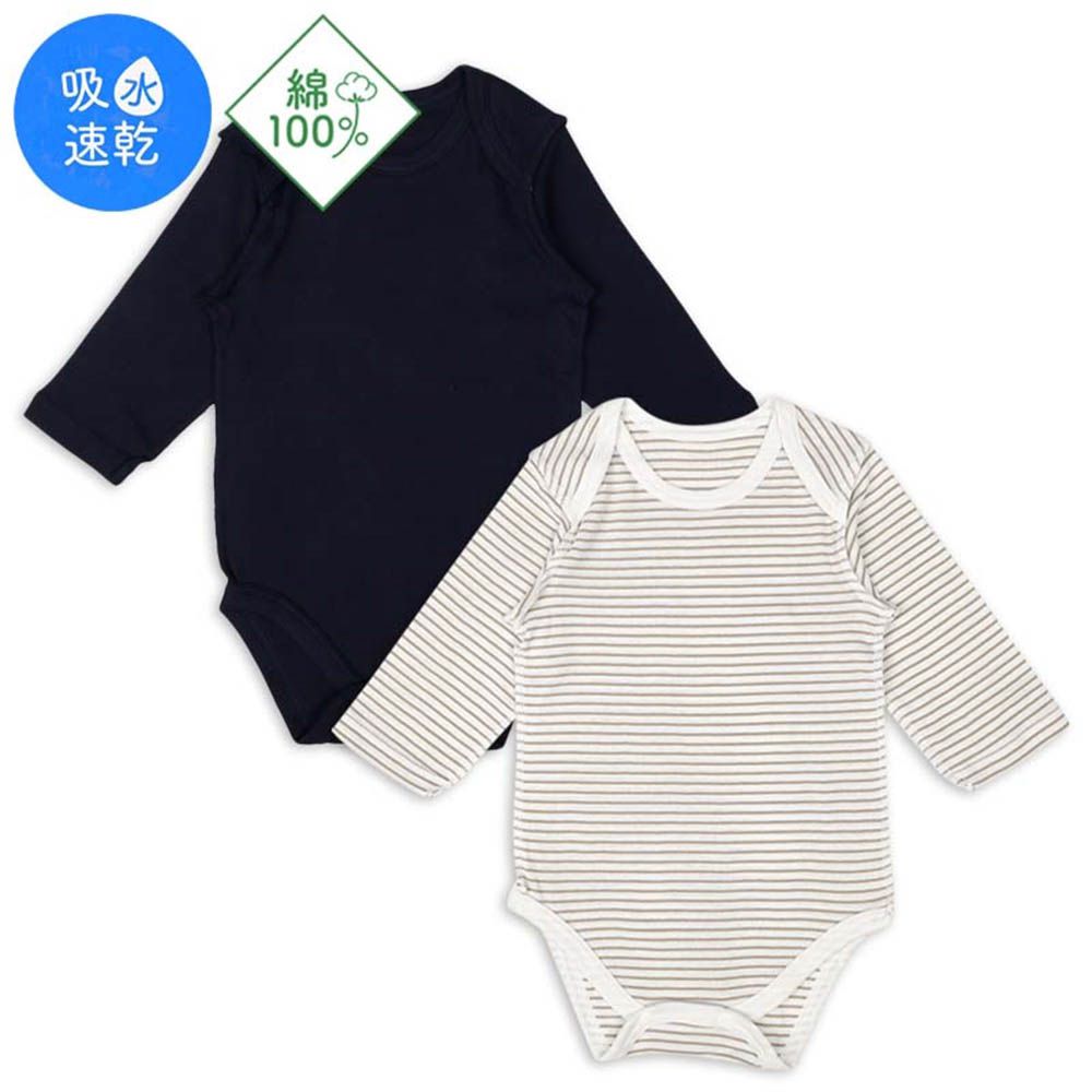 長袖包屁衣2件組-套頭式 素面/橫紋-深藍色