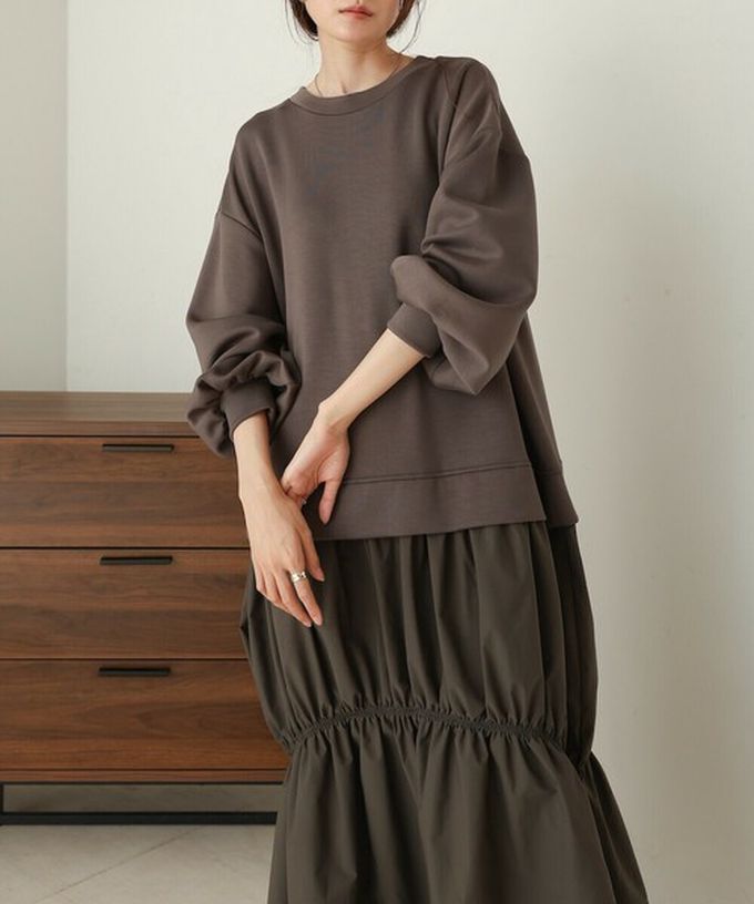 日本 Bab - 柔美造型皺摺拼接長袖洋裝-淺杏