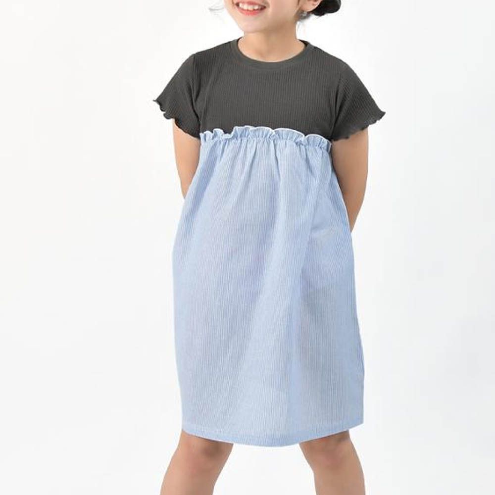 拼接撞色羅紋短袖洋裝-深灰x藍