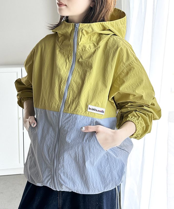 日本 Classical Elf - Java 撞色抽繩防風尼龍外套-芥黃x藍