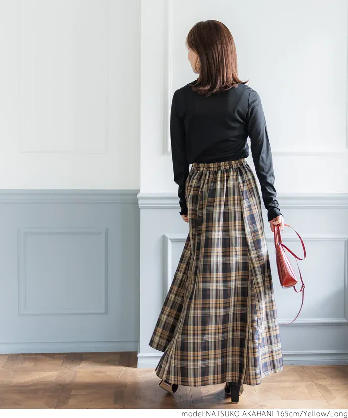 日本 COCA - 氣質格紋打褶修身長裙-黃