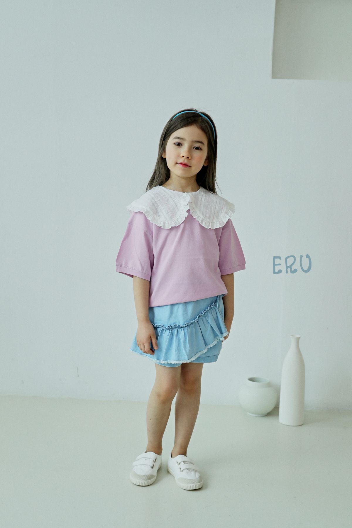 韓國 ERU - 斜邊荷葉裝飾牛仔褲裙