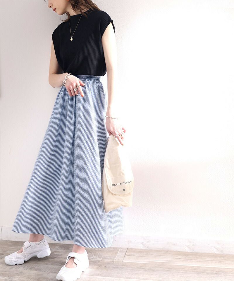 日本 Classical Elf - 春日休閒百搭長裙-直條紋-水藍