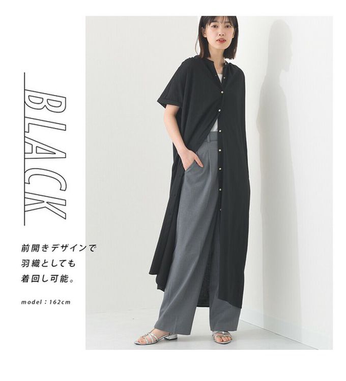 日本 OMNES - 接觸涼感 氣質金釦襯衫式短袖洋裝-海軍藍