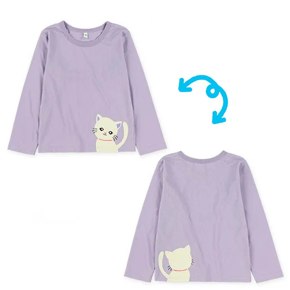 可愛動物印花長袖上衣-貓咪-紫