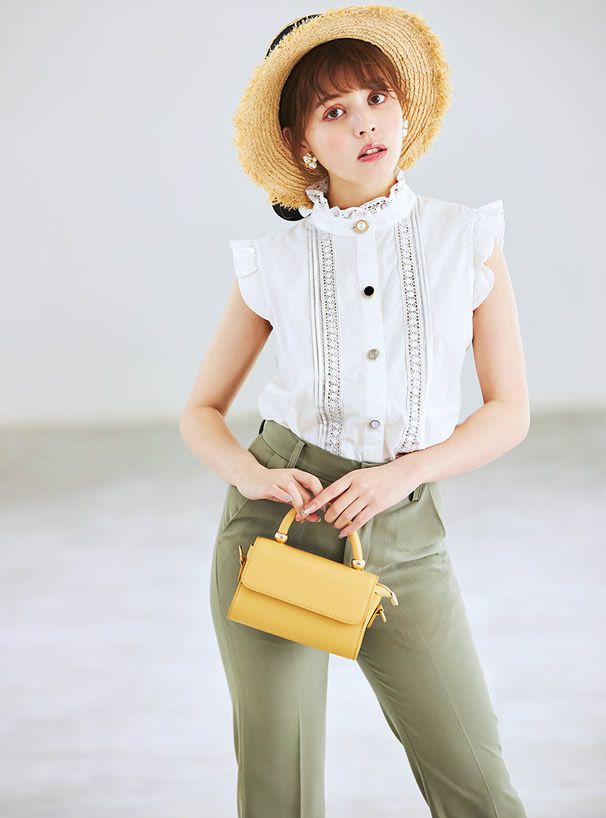 日本 GRL - 不規則排扣蕾絲小飛袖無袖襯衫-薰衣草 (M)