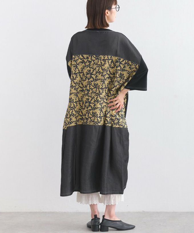 日本 Lupilien - 異素材花朵拼布清新五分袖洋裝-黑