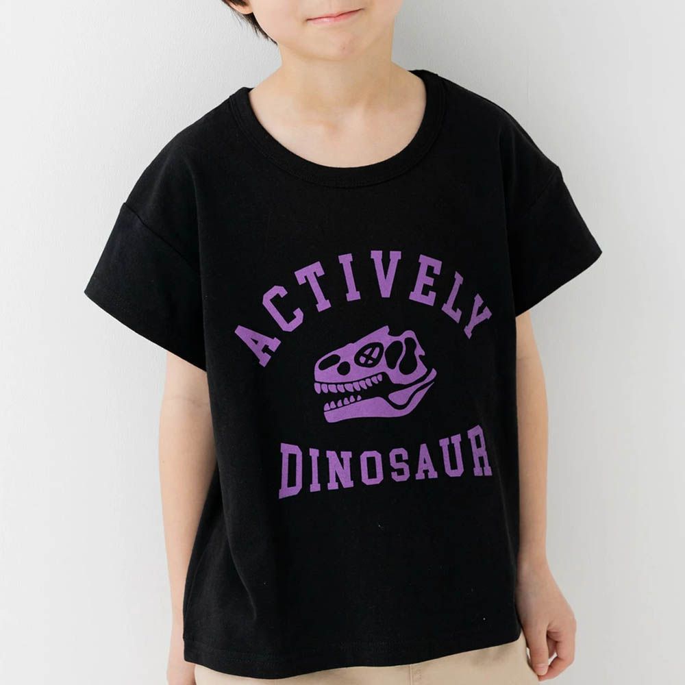 100%棉 可愛印花短袖上衣-恐龍骨頭-黑