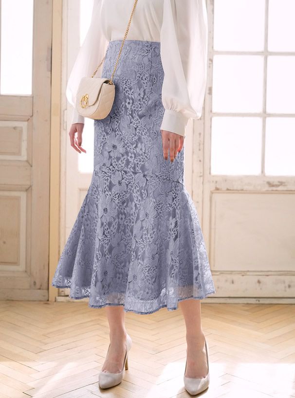 日本 GRL - 花朵蕾絲魚尾長裙-杏