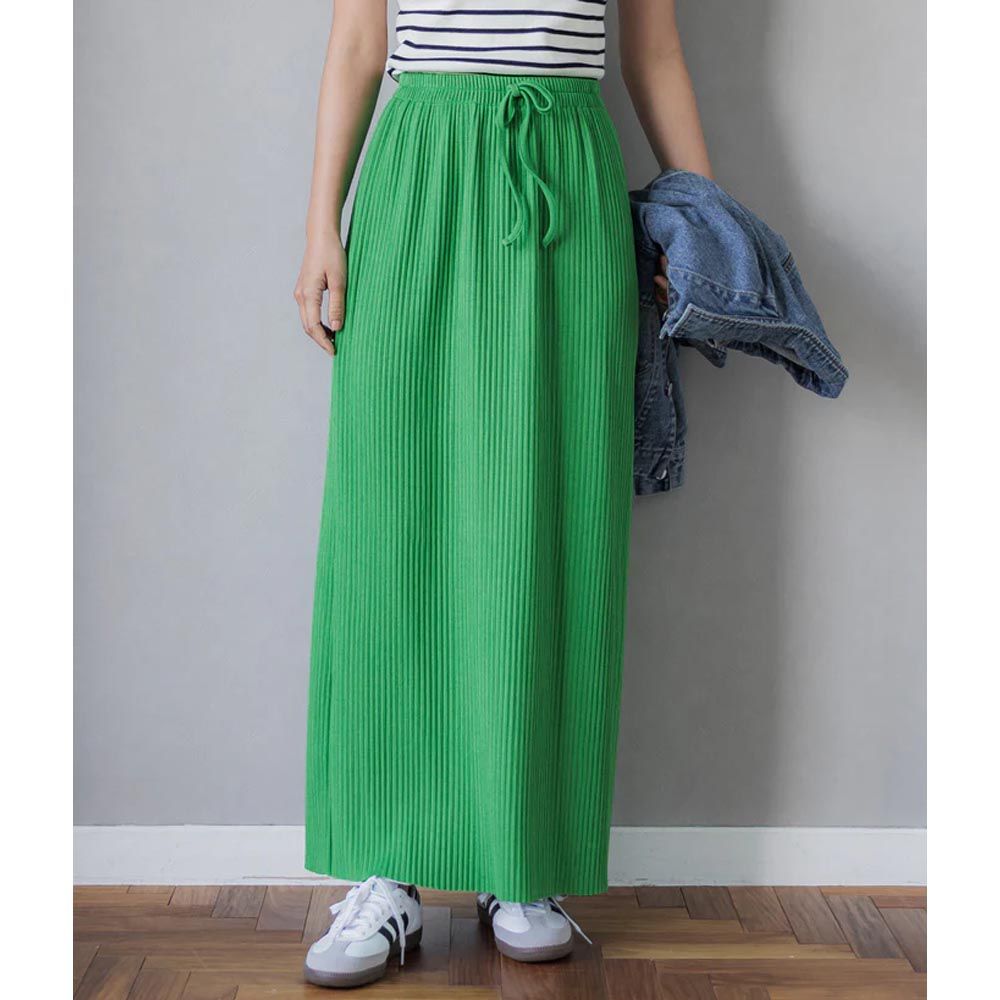 日本 COCA - [可剪裁] 彈性羅紋風琴直筒長裙-草綠