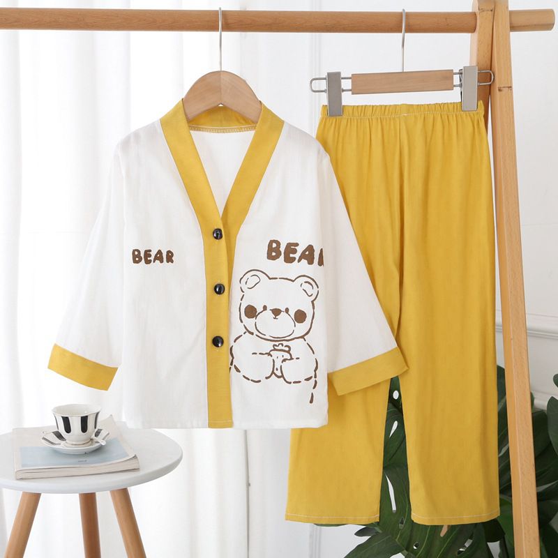 紗布棉開衫排釦長袖家居服套裝-太空人-白+藍