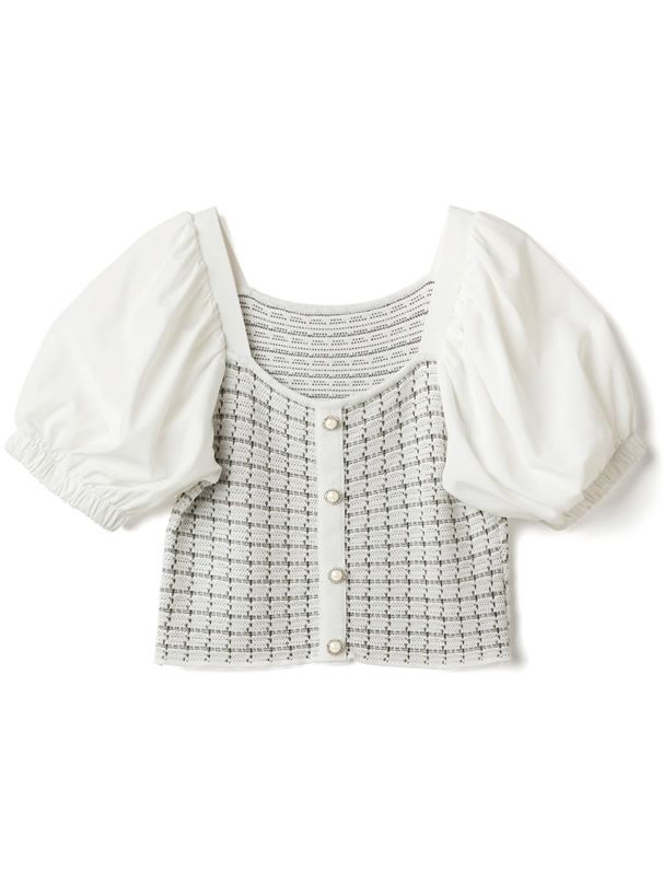 日本 GRL - 異材質拼接小網格針織排扣U領短袖上衣-天使白