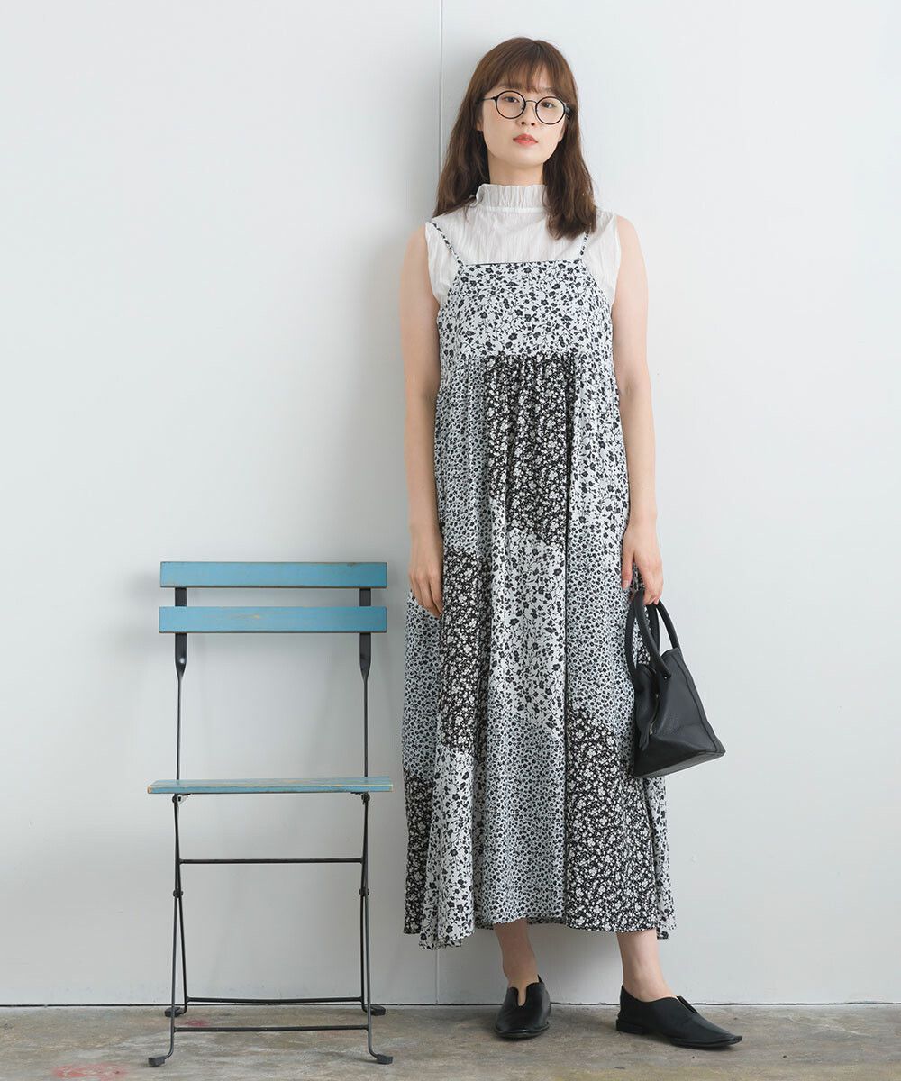 日本女裝代購 - 質感碎花拼接吊帶裙/洋裝-經典黑