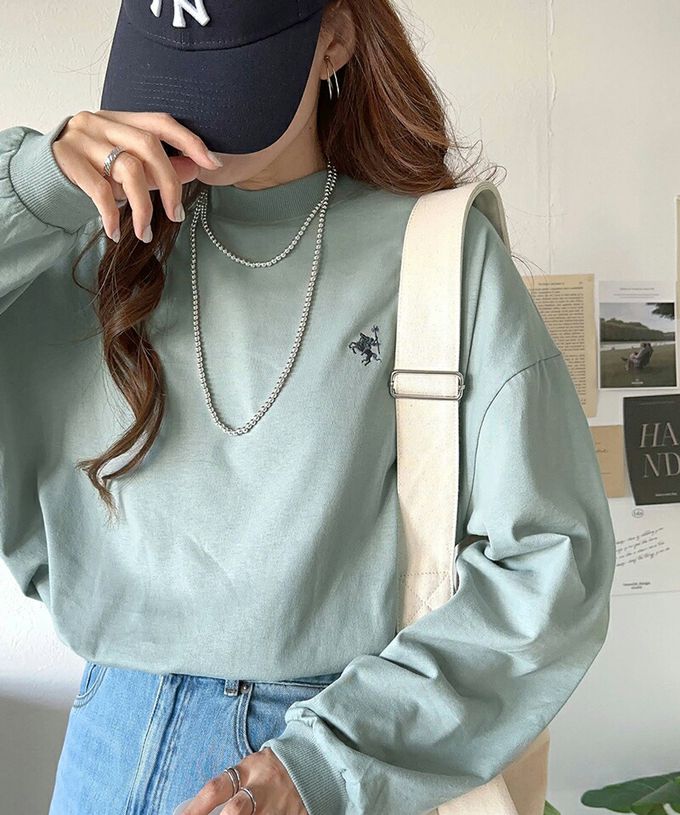 日本 Classical Elf - 百搭logo刺繡微立領長袖上衣-松石綠