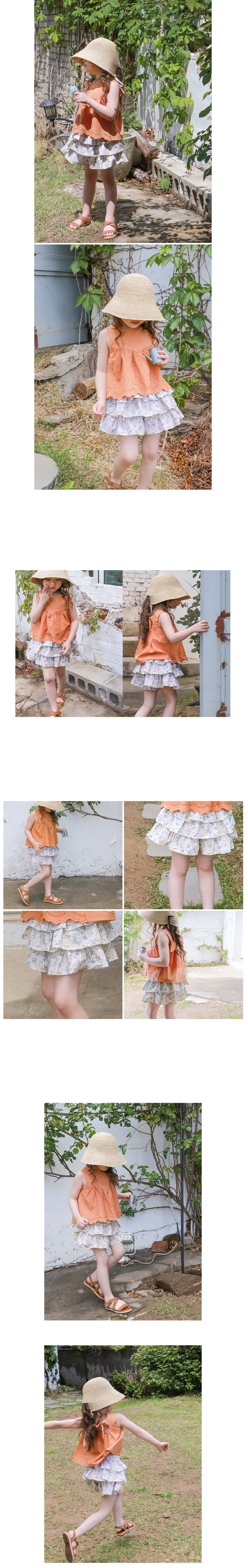 韓國 Puellaflo - 碎花三層蛋糕褲裙-黃花(杏底)