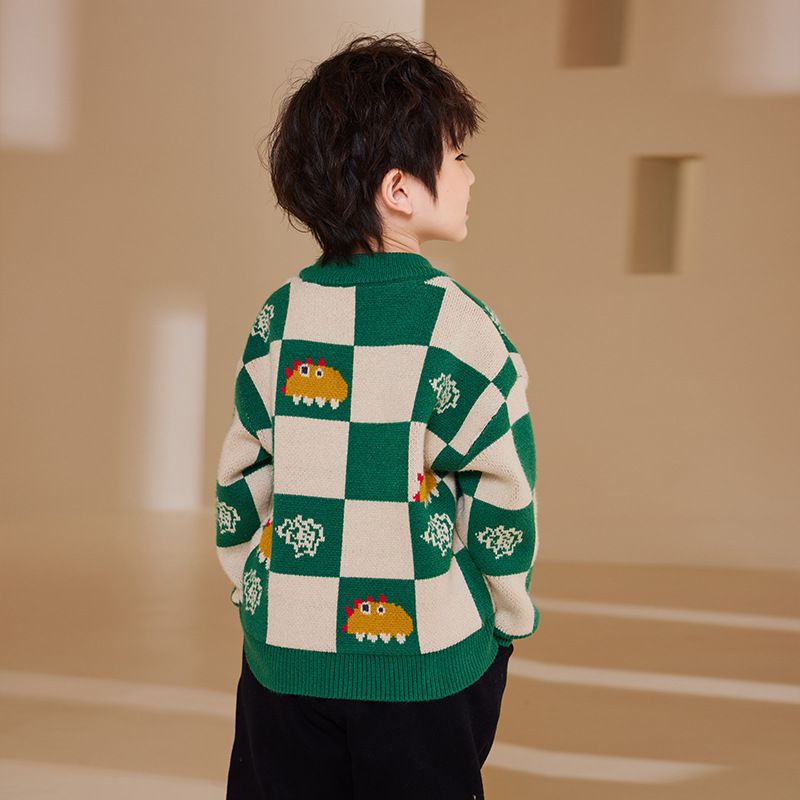 圓領保暖針織長袖上衣/毛衣-拼色格紋恐龍-藍色