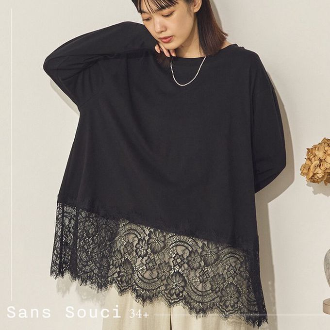 日本 Sans Souci 34+ - 下擺精緻蕾絲柔軟綿長袖上衣-白