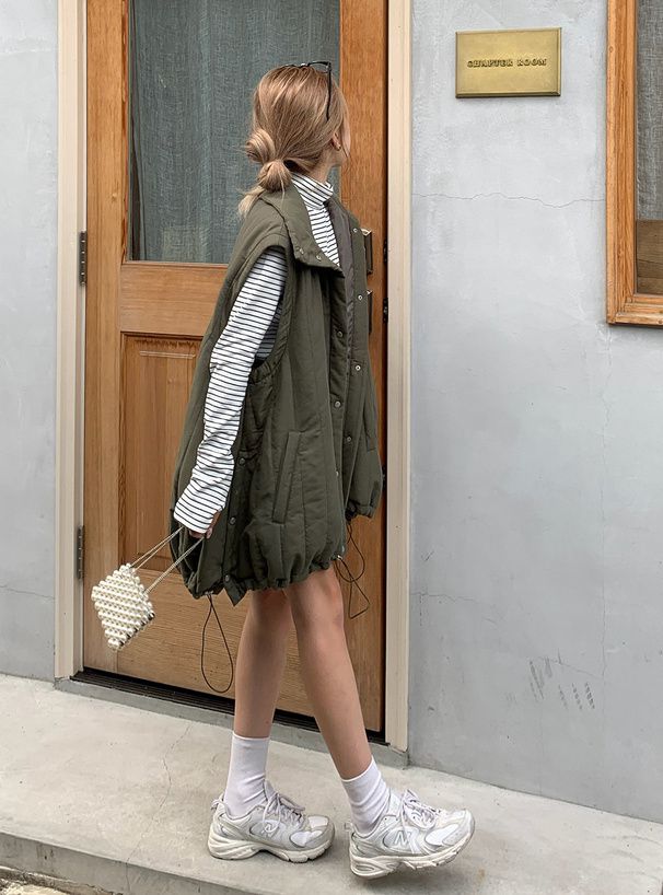 日本 GRL - 袖可拆時尚抽繩羽絨外套(背心二穿)-軍綠 (F)