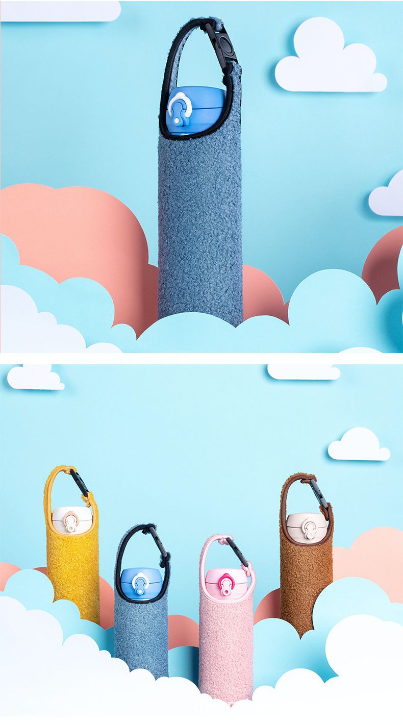 泰迪絨防摔保溫杯手提杯套-粉色