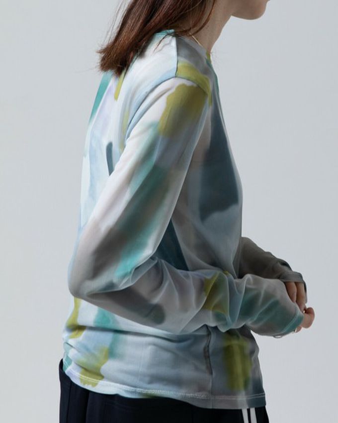 日本 gleam - 水彩畫風透膚休閒長袖上衣-水藍x綠系