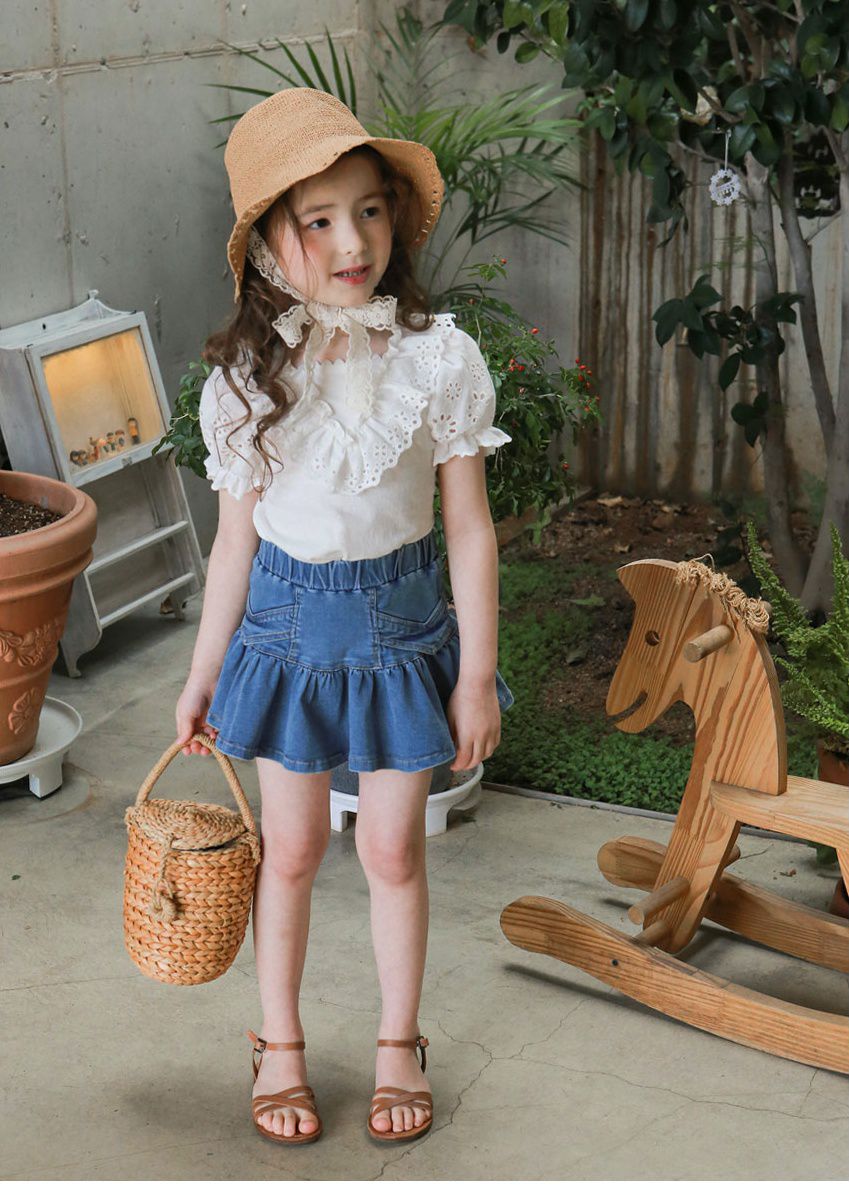 韓國 PuellaFLO - 荷葉裙襬牛仔褲裙-深藍