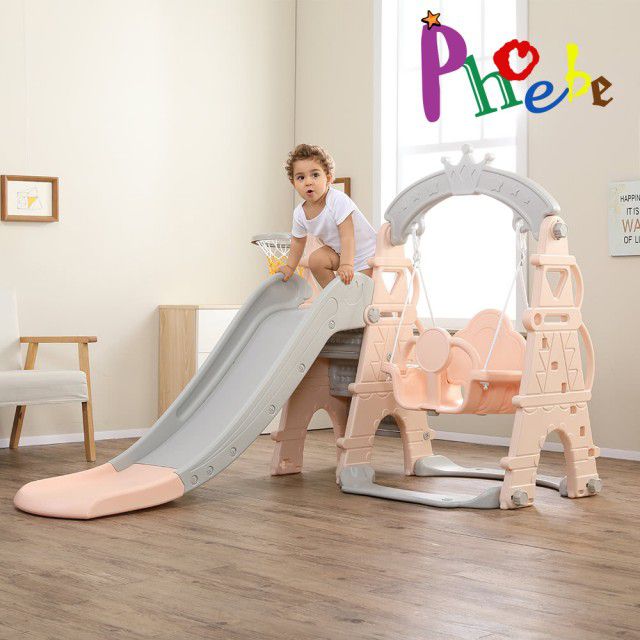 Phoebe - 巴黎鐵塔多功能兒童鞦韆溜滑梯組(附籃球框及籃球)-公主粉