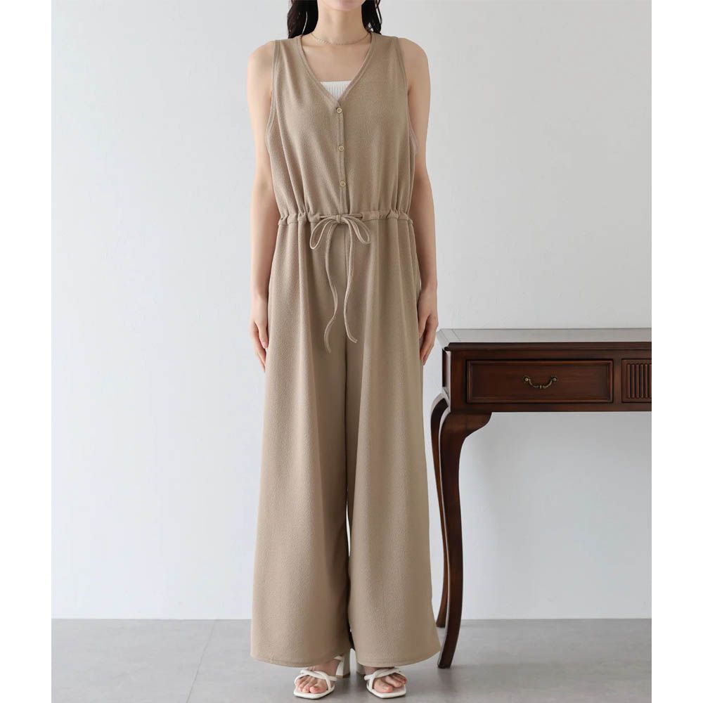 韓國製 簡潔迷人V領無袖連身褲-卡其