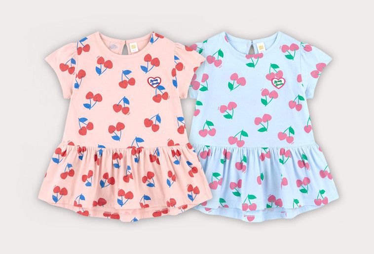 韓國 HEJMINI - 荷葉下擺滿版櫻桃上衣-粉紅