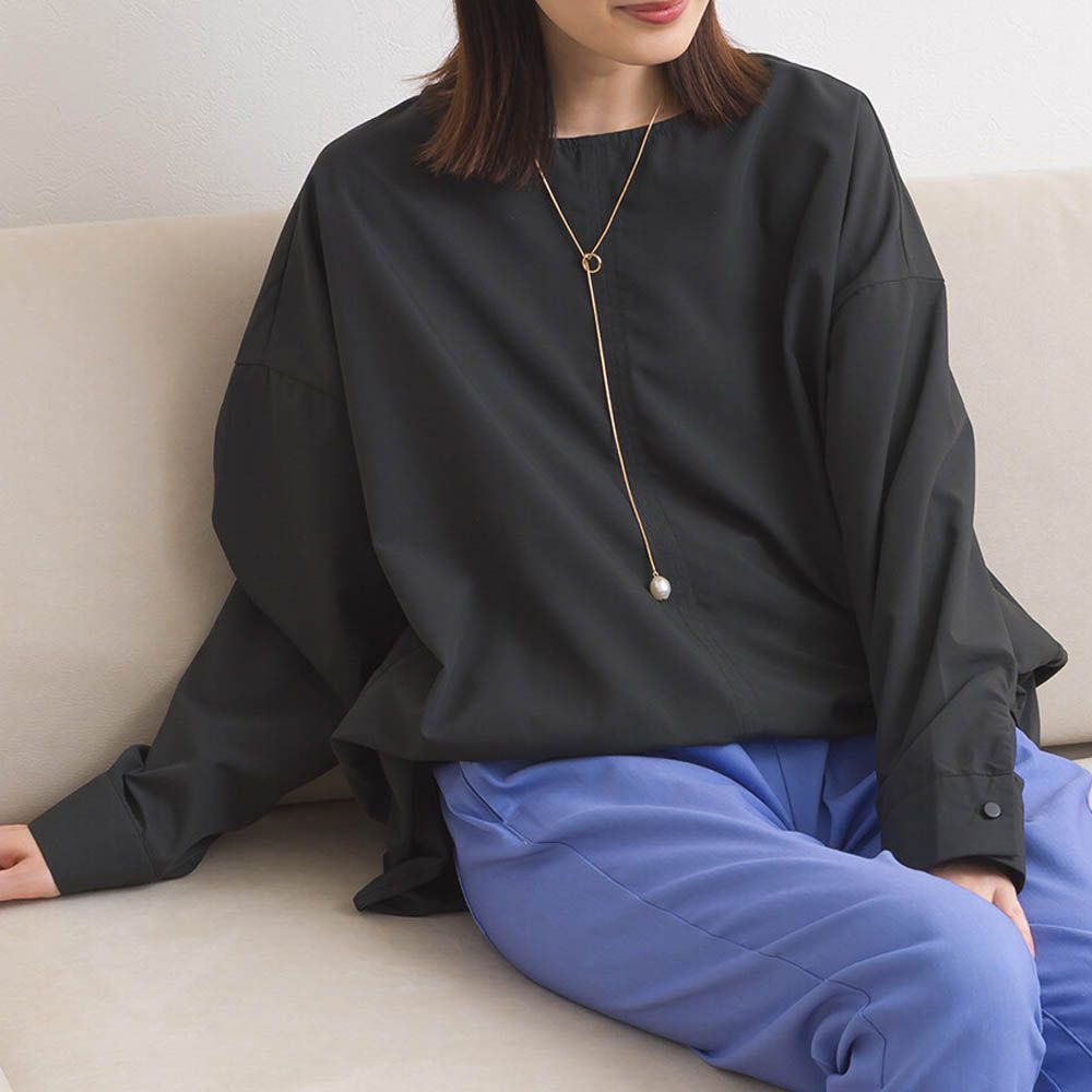 圓弧優雅前短後長修身船領長袖上衣-黑
