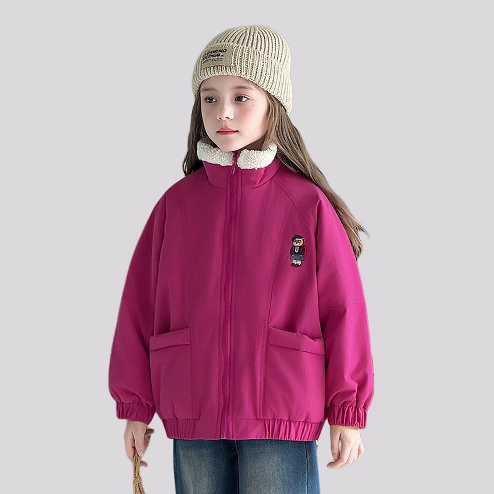 毛絨立領鋪棉外套-莓果紅