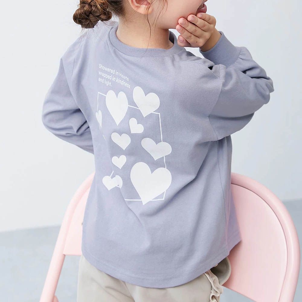 100%棉 定番女孩印花長袖上衣-愛心-藍紫