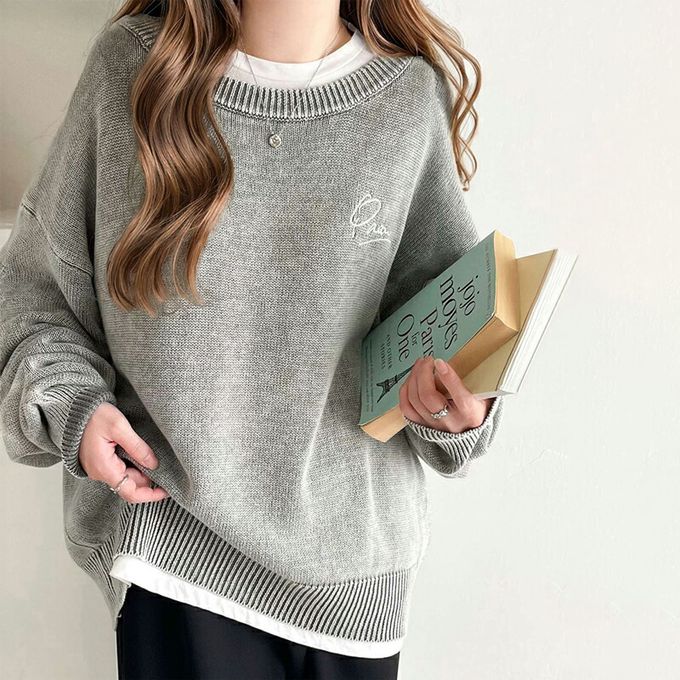 日本 Classical Elf - 厚磅棉復古刷色感logo長袖上衣-丹寧藍