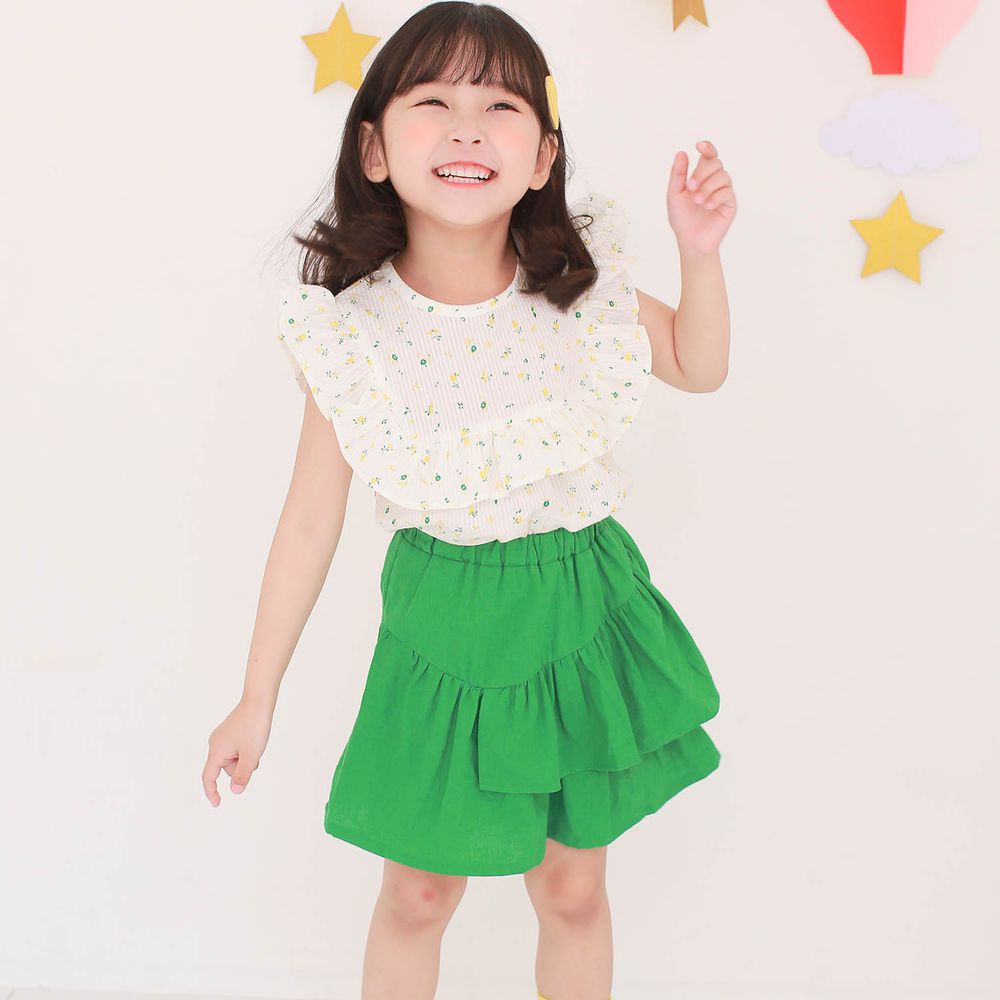 韓國 Dalla - 荷葉方領無袖上衣+不對稱荷葉褲裙套裝-花花上衣+綠裙