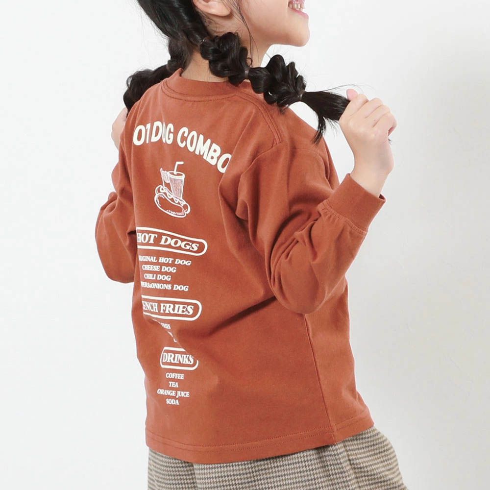 100%棉 定番印花長袖上衣-熱狗套餐-磚橘