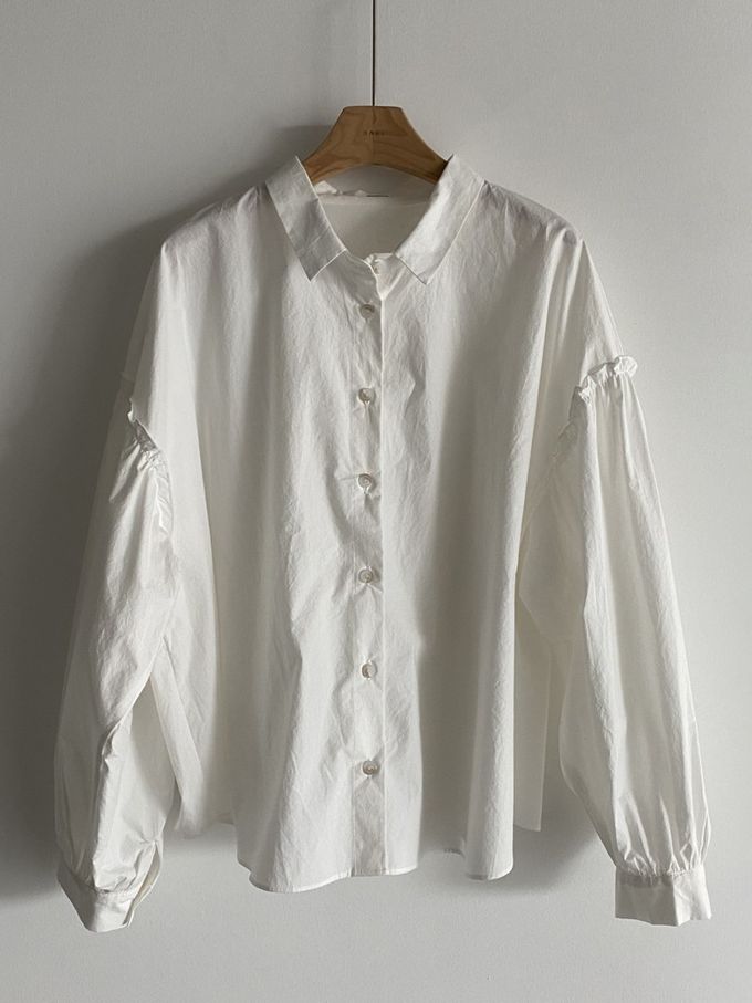 韓國女裝連線 - 極簡拼接翻領長袖襯衫-象牙白 (FREE)