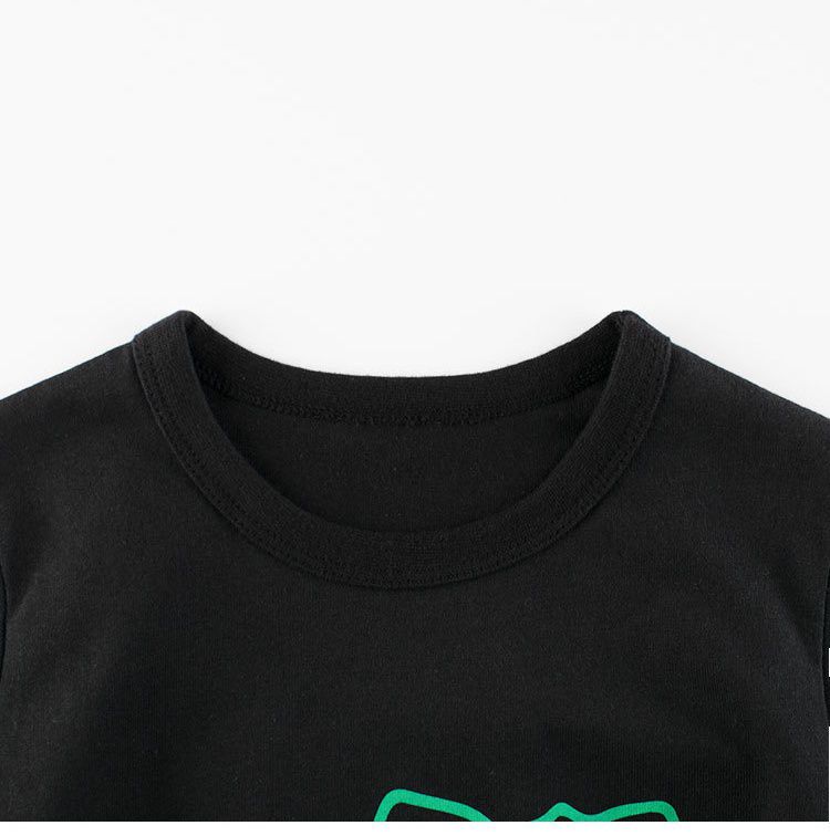 純棉圓領假兩件薄長袖上衣-恐龍打電動-深藍色