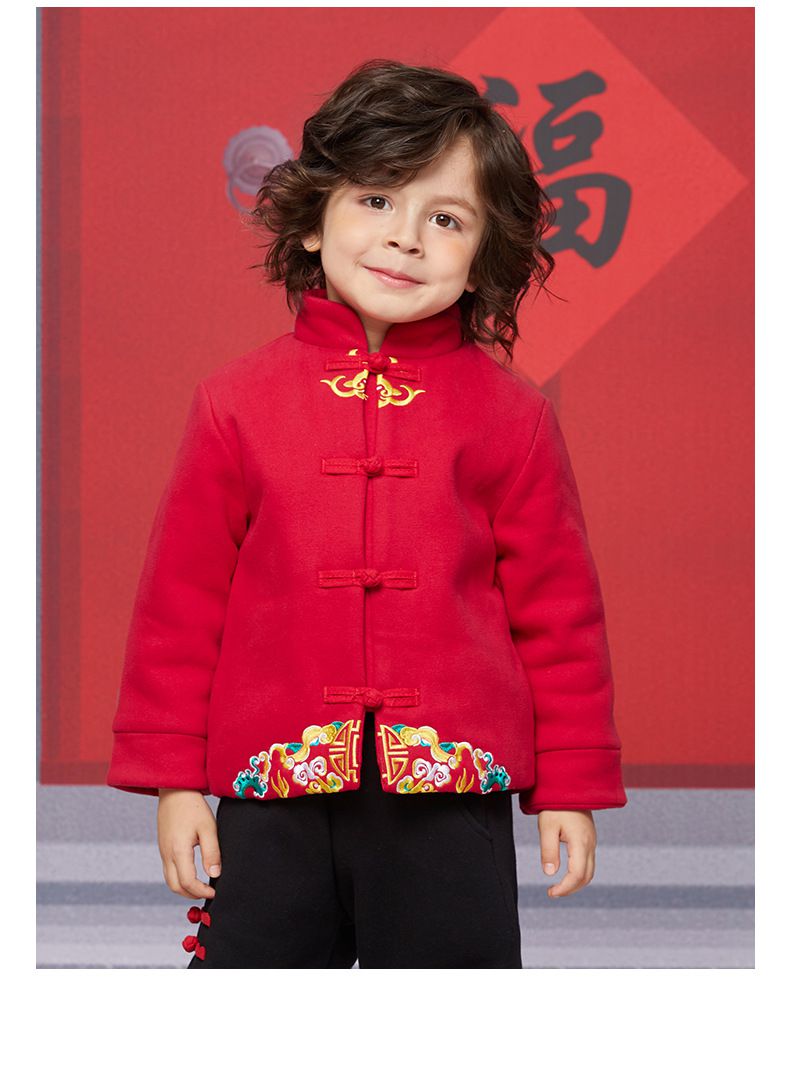 漢服風喜氣拜年立領盤釦外套-福氣祥雲-紅色