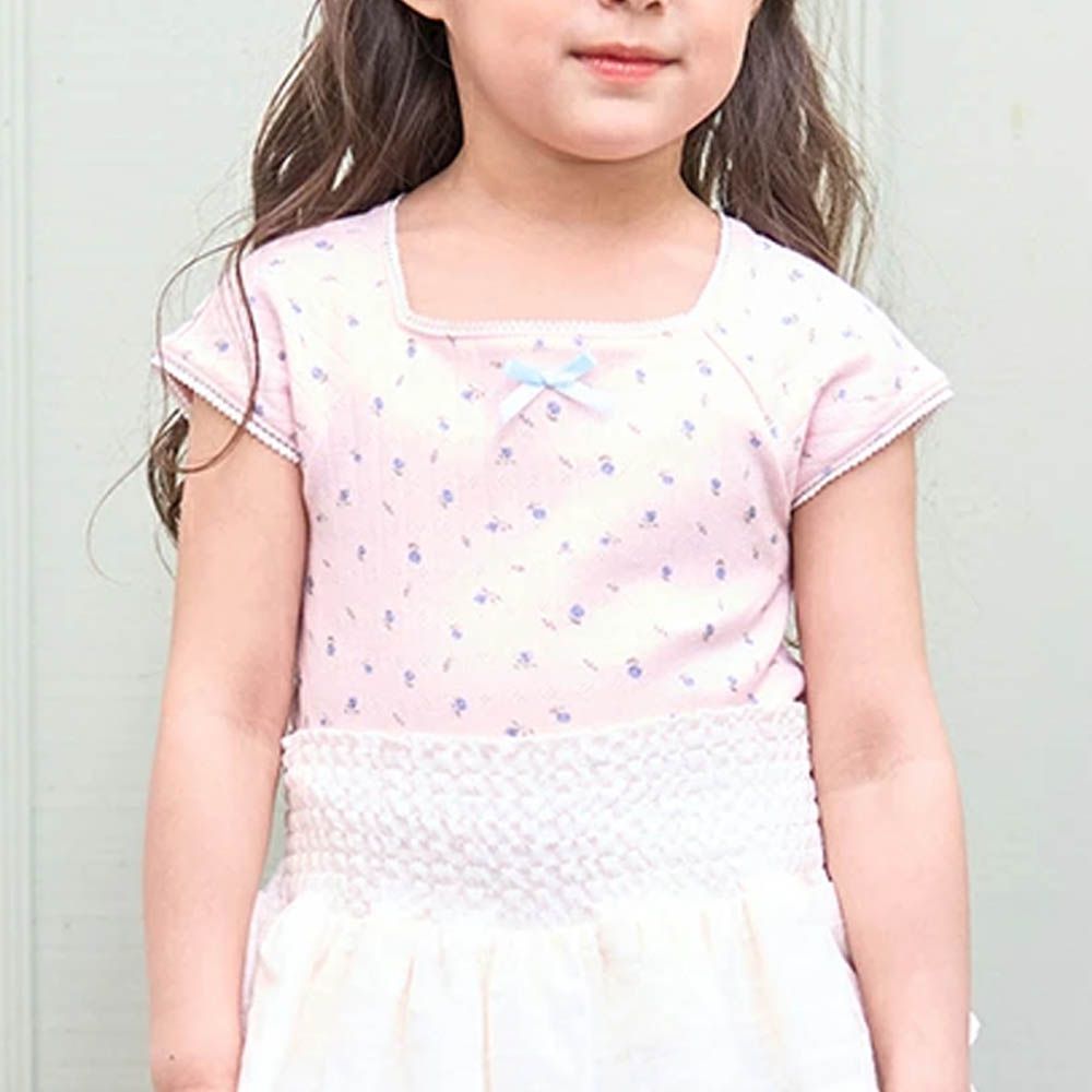 100%棉 印花蕾絲滾邊短袖上衣-粉紅