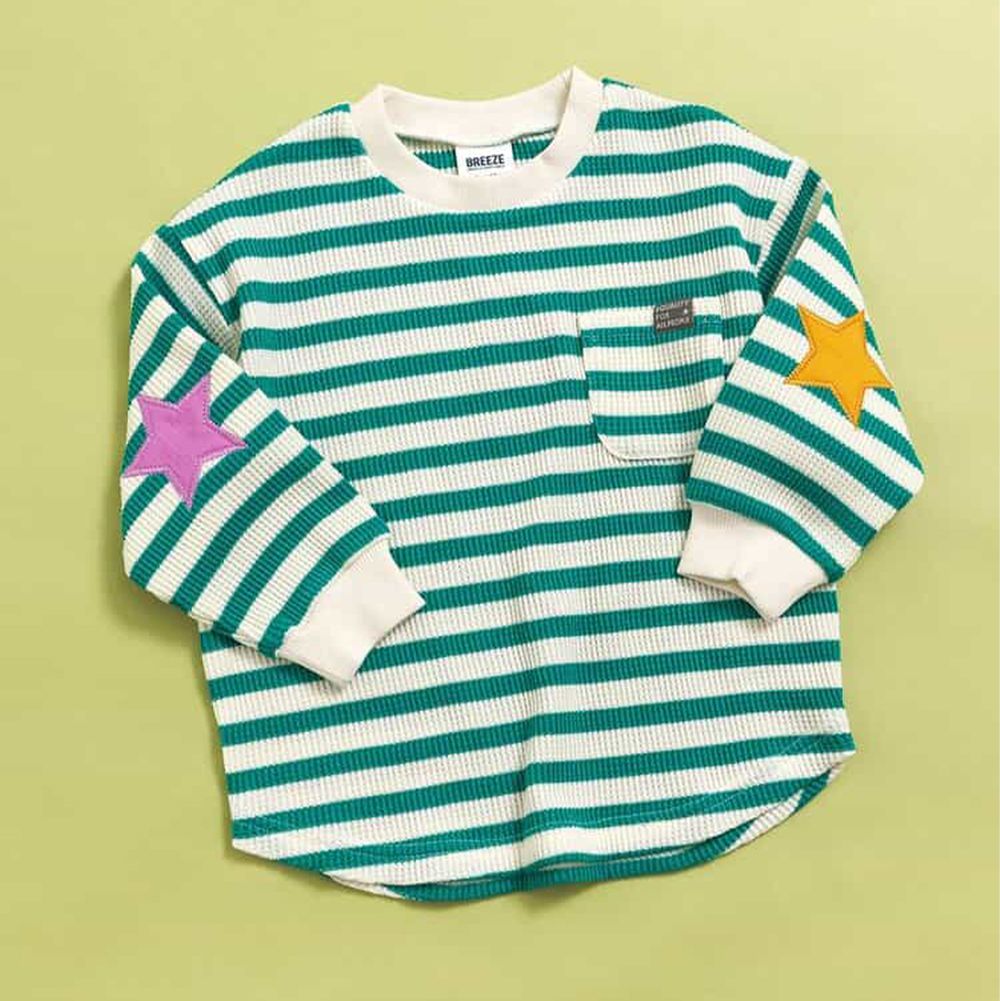 手肘撞色星星華夫格長袖上衣-綠白條紋