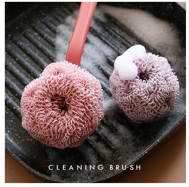 不沾油清潔球長柄刷組-3入組（長柄刷1組+2顆清潔球）-卡其色